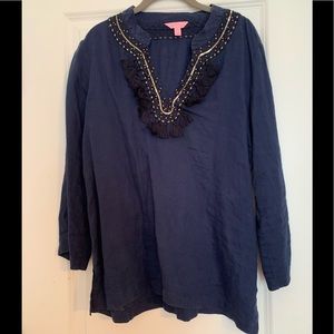 Lilly Pulitzer Amelia Island Embellished Linen Tunic Top navy Large
